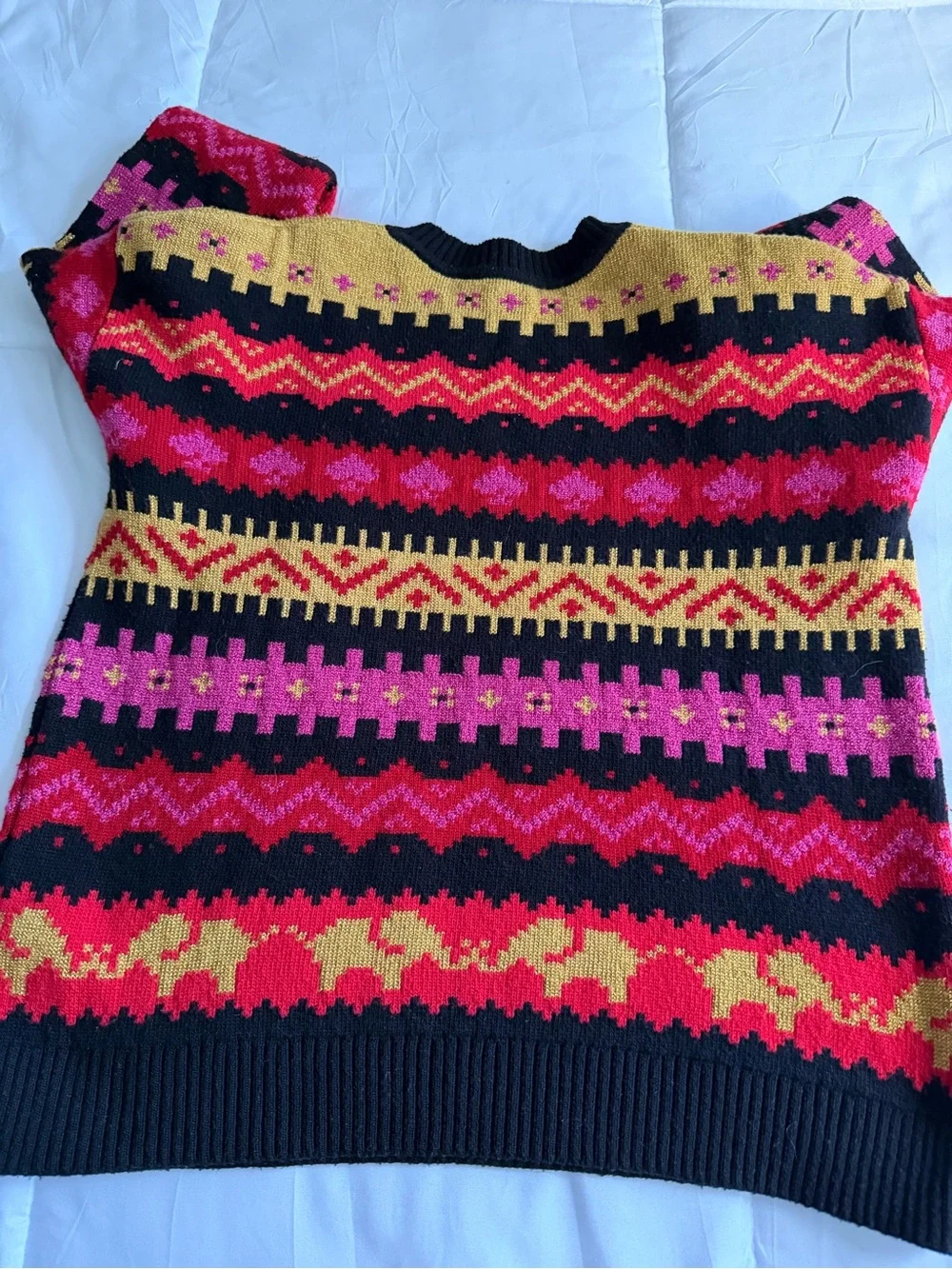 kate spade Black Crewneck Sweater with Pink, Red & Gold Fair Isle